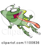 Poster, Art Print Of Green Happy Frog Leaping With His Tongue Hanging Out