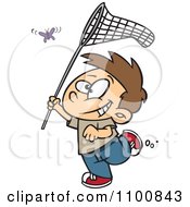 Happy Cartoon Boy Chasing A Butterlfy With A Net