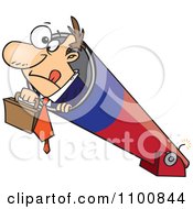 Businessman Holding His Briefcase And Prepared For Take Off In A Cannon