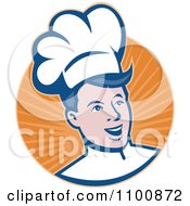 Poster, Art Print Of Retro Happy Chef Smiling Over A Circle Of Orange Rays