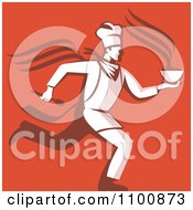 Poster, Art Print Of Retro Chef Running With Hot Soup Over Orange Red