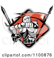Poster, Art Print Of Retro Crusader Knight With A Sword And Red Flag In A Diamond