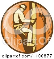 Retro Linesman Scaling A Pole In An Orange Circle