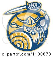 Clipart Retro Viking Norseman With A Shield And Sword In A Yellow Circle Royalty Free Vector Illustration