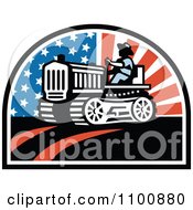 Poster, Art Print Of Retro Farmer Operating A Tractor With American Stars And Stripes