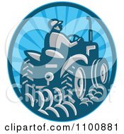Poster, Art Print Of Retro Farmer Operating A Tractor In A Blue Circle