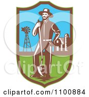 Poster, Art Print Of Retro Farmer With A Shovel Windmill And Barn In A Shield