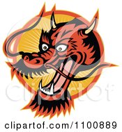 Poster, Art Print Of Retro Chinese Dragon Head Over An Orange Circle Of Rays