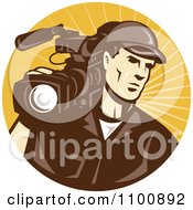 Poster, Art Print Of Retro Camera Man In Brown Uniform Logo