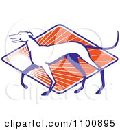 Retro Greyhound Dog In Profile Over A Diamond Of Orange Rays
