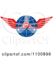 Retro Jumbo Jet Airplane Over A Grid Globe With Red Wings