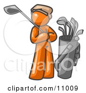 Orange Man Standing By His Golf Clubs Clipart Illustration
