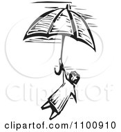 Poster, Art Print Of Woodcut Black And White Style Girl Flying With An Umbrella In The Sky