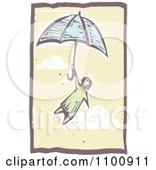 Clipart Woodcut Style Girl Flying With An Umbrella In The Sky Royalty Free Vector Illustration