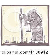 Clipart Woodcut Styled Hermit Man Walking With A Stick And Lantern Royalty Free Vector Illustration