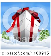 Poster, Art Print Of 3d Giant Christmas Gift Box With Red Ribbon And Bows In A Winter Landscape