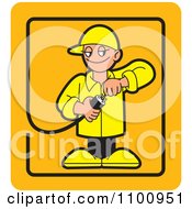 Poster, Art Print Of Electrician Testing A Plug In An Orange Rectangle