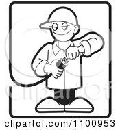 Black And White Electrician Testing A Plug In A Rectangle