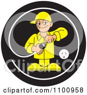 Poster, Art Print Of Electrician Testing A Plug In A Black Circle