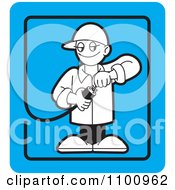 Poster, Art Print Of Electrician Testing A Plug In A Blue Rectangle