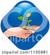 Hand Holding A Plant In Soil Over A Blue Diamond