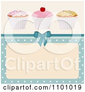 Poster, Art Print Of 3d Birthday Cupcakes Over A Blue Polka Dot Frame And Bow