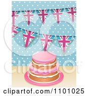 3d Birthday Cake With Hpink Frosting And Union Jack Buntings Over Polkda Dots
