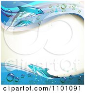 Poster, Art Print Of Background Of Swimming Dolphins With Blue Waves And Droplets Bordering Copyspace