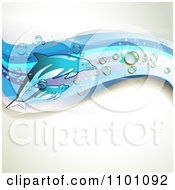 Poster, Art Print Of Background Of Swimming Dolphins With Blue Waves And Droplets Over Copyspace