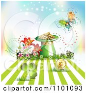 Poster, Art Print Of Leprechaun Hat With Gold Coins Shamrocks Flowers And A Butterfly Over Gradient