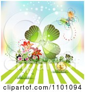 Poster, Art Print Of Giant Shamrock With Flowers A Coin And A Butterfly Over Gradient