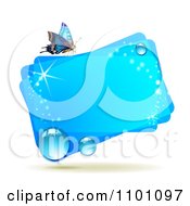 Poster, Art Print Of Bright Blue Rectangular Dewy Frame With A Butterfly