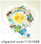 Poster, Art Print Of Honey Bees Over Natural Honeycombs In A Diamond Rainbow Floral Frame 2