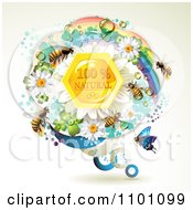 Poster, Art Print Of Honey Bees Over Natural Honeycombs In A Round Rainbow Floral Frame 1