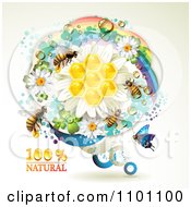 Poster, Art Print Of Honey Bees Over Natural Honeycombs In A Round Rainbow Floral Frame 2