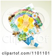 Poster, Art Print Of Honey Bees Over Natural Honeycombs In A Diamond Rainbow Floral Frame 1