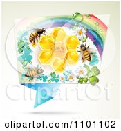 Poster, Art Print Of Honey Bees Over Natural Honeycombs In A Rectangular Rainbow Floral Frame