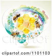 Poster, Art Print Of Honey Bees Over Natural Honeycombs In An Oval Rainbow Floral Frame