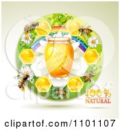 Poster, Art Print Of Honey Bees With A Jar And Honeycombs In A Round Rainbow Floral Frame