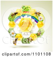 Poster, Art Print Of Honey Bees Over Natural Honeycombs In A Rainbow Floral Frame 3
