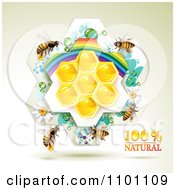 Poster, Art Print Of Honey Bees Over Natural Honeycombs In A Rainbow Floral Frame 1
