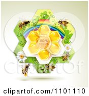Poster, Art Print Of Honey Bees Over Natural Honeycombs In A Rainbow Floral Frame 2