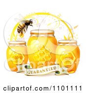 Honey Bee Over Three Natural Jars Of Honey And A Guaranteed Banner
