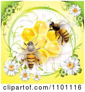 Poster, Art Print Of Honey Bees Over Honeycombs In A Diasy Frame On Yellow