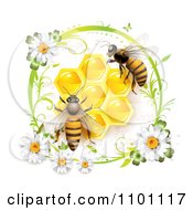 Poster, Art Print Of Honey Bees Over Honeycombs In A Green Daisy Frame