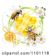 Poster, Art Print Of Honey Bees Over Honeycombs With A Daisy With A Natural Wax Seal
