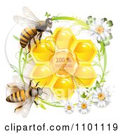 Poster, Art Print Of Honey Bees Over Natural Honeycombs In A Green Daisy Frame