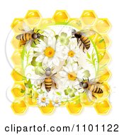 Poster, Art Print Of Honey Bees On Daisies Clovers And Honeycombs