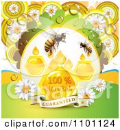 Poster, Art Print Of Bees With Honey Drops Combs And Daisies With Dew And A Guaranteed Banner