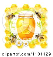 Bees Over Honeycombs With A Daisy Frame And Jar Of Natural Honey
